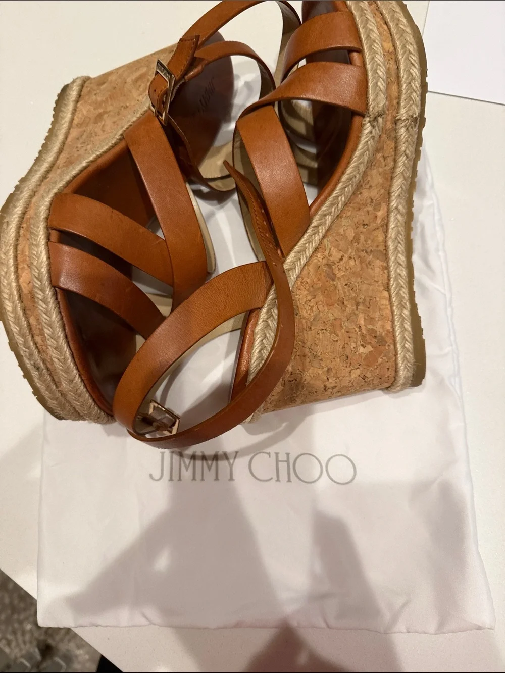 Jimmy Choo size 40 Leather Strappy Wedge Sandals in Tan
